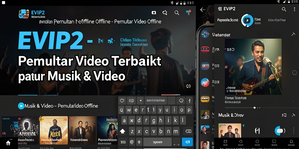 Screenshot utama EVIP2 dengan antarmuka Pemutar Video Offline yang menarik.